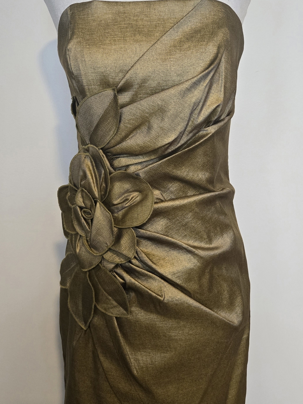 Jessica McClintock Metallic Bronze Strapless Floral Applique Dress